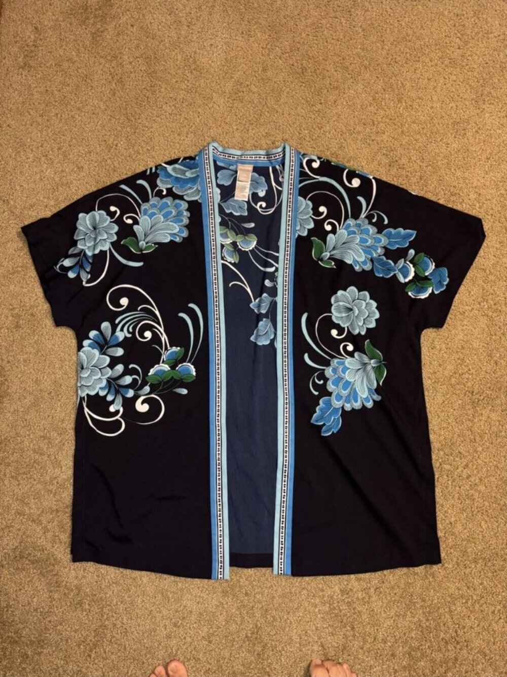 CHICOS Kimono Cardigan Blue Floral Boh Lightweight L/XL Beach Bohochic Vacation - Picture 4 of 9